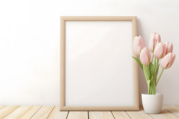 One wooden empty picture frame next to tulip spring flowers in vase in front of white wall. Poster mockup - obrazy, fototapety, plakaty