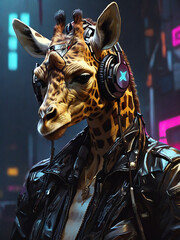 Cyberpunk Giraffe in Leather and Headphones by Alex Petruk APe ai generated - obrazy, fototapety, plakaty