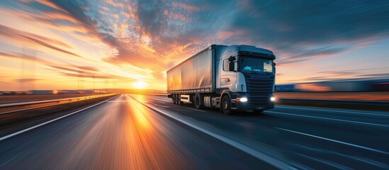 Semi truck with trailer drives on empty road near industrial warehouses at sunset, with blurry...