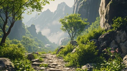  a rocky path in the middle of a mountain with trees and bushes on both sides of the path and rocks on the other side of the path and mountains in the distance.