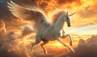 Obraz na płótnie Canvas Majestic white Pegasus with expansive wings soaring through a dramatic sunset sky, embodying freedom and the power of myth and legend