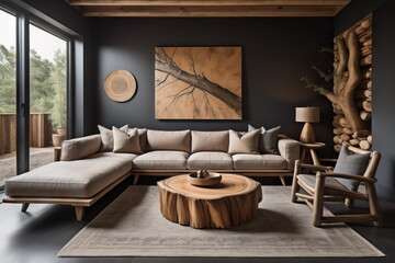 Wabi-sabi home interior design of modern living room 