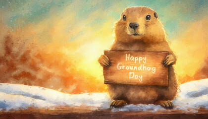 Cute marmot holding a wooden board with the text Happy Groundhog day. Funny woodchuck forecaster with a banner predicts the weather - obrazy, fototapety, plakaty