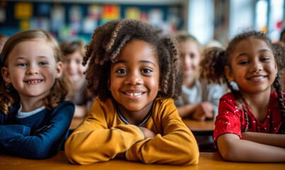 Diverse group of smiling children sitting at desk in classroom, reflecting inclusion and joy in a multicultural educational environment - obrazy, fototapety, plakaty