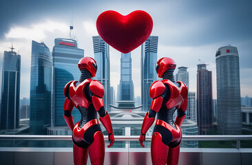 The meeting of two robots with red chrome armor on the observation deck against the backdrop of high-rise buildings in the metropolis of the future, a huge red heart hovered in the sky