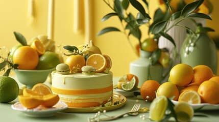  a cake sitting on top of a table covered in oranges and lemons next to a vase filled with oranges and lemons and a knife and fork.