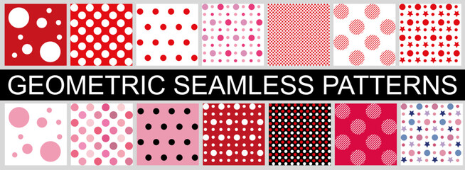 A set of fashionable polka dot patterns in pink and red tones.