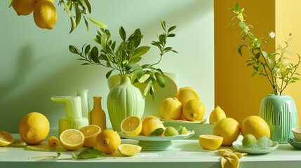  a table topped with yellow and green vases filled with lemons and lemons next to a plate of lemons and a green vase filled with lemons.