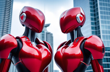 Meeting of two robots, the body of robots resembles a heart, red and metal, technologies of the future, love in the megalopolis of the future, the possibility of manifestation of emotions in machines