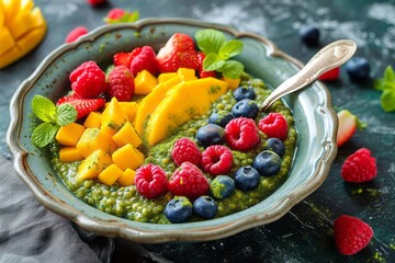 Green flax porridge with raspberries, strawberries, blueberries and mango in a beautiful openwork plate with a spoon