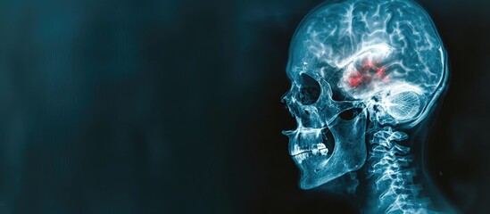 Gunshot wound with traumatic brain injury shown as metallic foreign body in skull x-ray. - obrazy, fototapety, plakaty