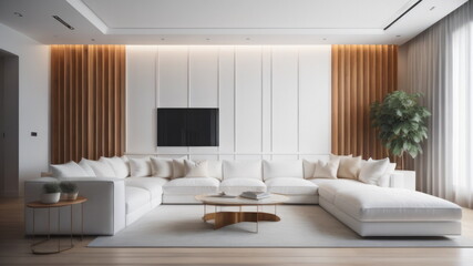 Fototapeta na wymiar Minimalist interior design of modern living room with white corner sofa and wavy paneling wall