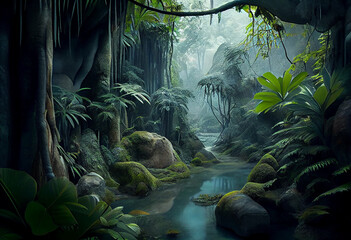 Amazon rainforest tropical vegetation jungle landscape with creek rocks overgrown with moss. - obrazy, fototapety, plakaty