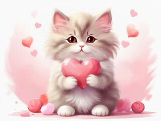Cute fluffy kitty cat holding heart for Valentine's day.	