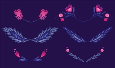 Vector festive set of floral frames for Valentines day. Decorative folk art cliparts with pink flowers, hearts and stems with foliage