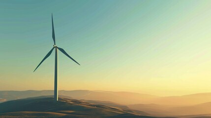  a wind turbine on top of a hill with the sun setting in the background and hills in the foreground, with hills in the foreground, and hills in the foreground.
