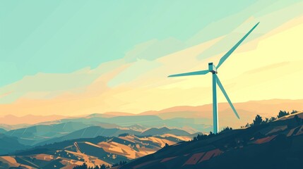  a painting of a wind turbine on top of a hill with mountains in the background and a blue sky with a few clouds over the top of the mountain tops.