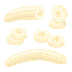 Vector peeled sliced banana icon, illustration of bananas slices topping isolated of white background, cartoon flat bananas without skin