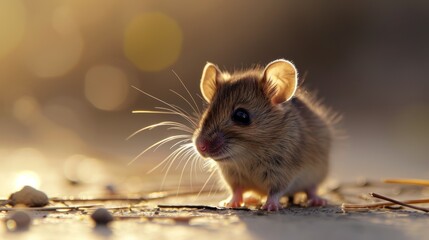  a close up of a small rodent on the ground with a blurry back ground and boke of light coming from the top of the mouse's head.
