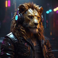 Obraz premium Cyberpunk Lion in Leather and Headphones by Alex Petruk APe ai generated