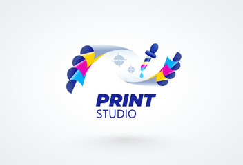 Print cmyk polygraphy logo. Cmyk sheets of paper and pipette ink. Template design vector.