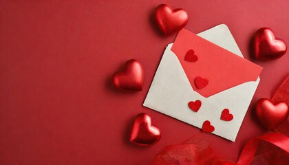 romantic concept. Red hearts and envelope on red background