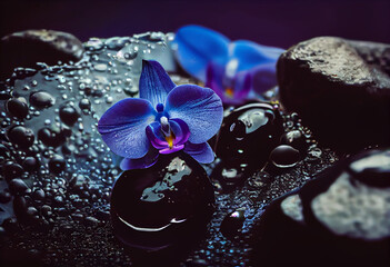Fototapeta premium Blue orchids on a table with black stones and water droplets hyper realistic.