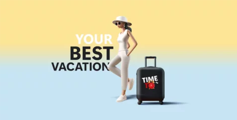 Foto op Plexiglas Young woman 3d illustration wearing hat and sunglasses with black suitcase, vacation time banner © marynaionova