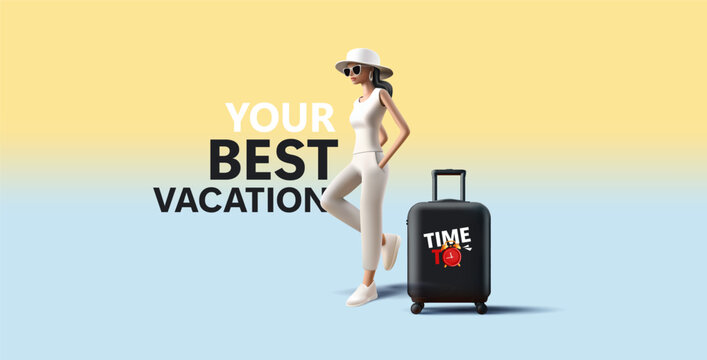 Young woman 3d illustration wearing hat and sunglasses with black suitcase, vacation time banner
