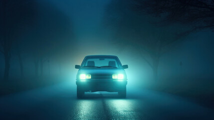 A vintage car's headlights shine through a dense fog on a secluded road, creating an eerie nocturnal scene.