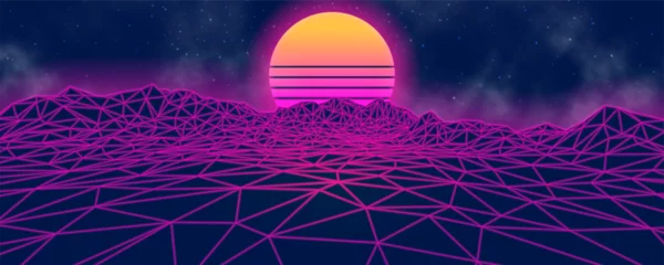 Foto op Plexiglas Futuristic landscape with mountains and sunset. 80s retro neon concept. Vector illustration. © Igor