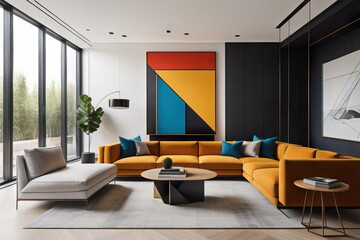 Suprematism style interior design of modern living room with abstract geometric colorful shapes