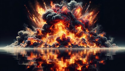 Towering Inferno Raging Across the Sky as Its Reflection Shimmers Below the Water's Surface Generated Image