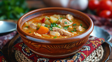 Hearty Begova Čorba: Traditional Bosnian Chicken and Vegetable Stew in a Carved Wooden Bowl"