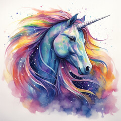 portrait of a colored unicorn in watercolor style
