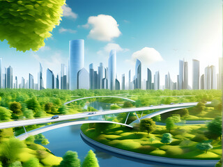 Futuristic eco-tech: AI-driven smart cities, renewable energy, sustainable transport & waste mgmt.