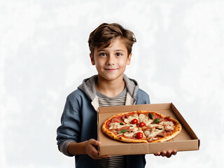 teenage boy holding a box of pizza, delivery