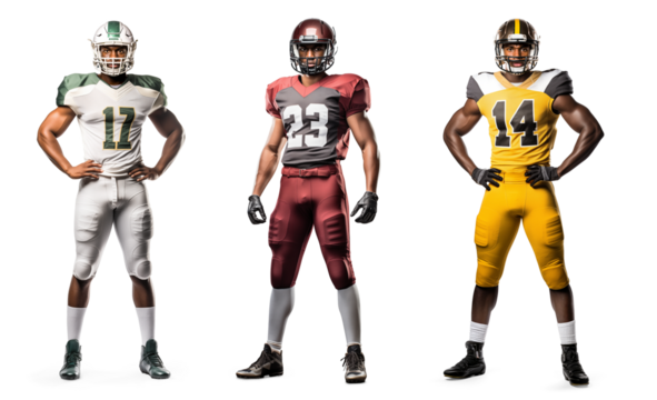 American football player standing portrait, full body view, isolated background