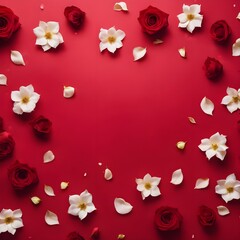 Fototapeta na wymiar Valentine's Day Flying petals and red roses on a red background with copy space. Creative floral levitation in the air nature layout. Spring blossom concept for wedding, women, Mother, Valentine day