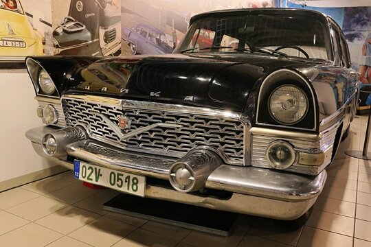 Front mask and grille of soviet limousine GAZ 13 Cajka (Seagull), displayed on oltimer car exhibition in Brno, Czech Republic. 