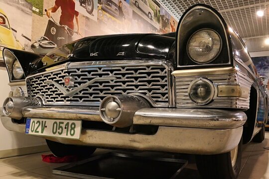 Massive front mask and grille of soviet limousine GAZ 13 Cajka (Seagull), displayed on oltimer car exhibition in Brno, Czech Republic. 