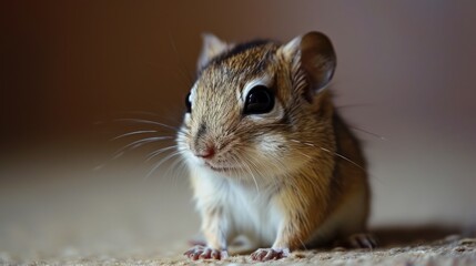  a close up of a small rodent sitting on a carpet looking at the camera with a curious look on it's face, with a blurry background.