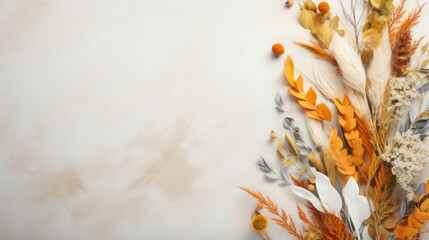 A delicate arrangement of dried autumn flowers and leaves on a textured cream background, perfect for seasonal designs.