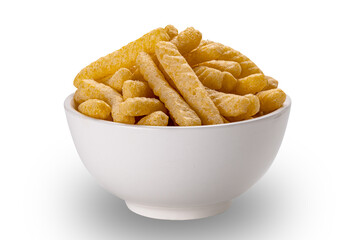 View of prawn cracker sticks in white ceramic bowl isolated on white background with clipping path.