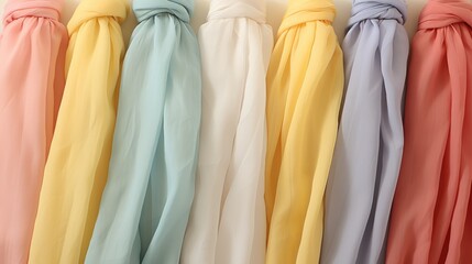 A closeup on fabric in white and pastel rainbow shades, the fabric has a subtle stripe pattern