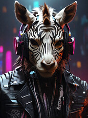 Cyberpunk Zebra in Leather and Headphones by Alex Petruk APe ai generated - obrazy, fototapety, plakaty