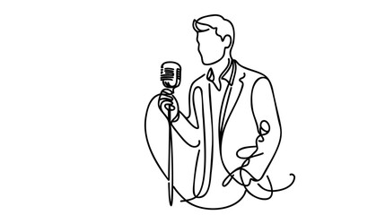 Young man singing in a retro microphone. Continuous one line drawing. Vector illustration