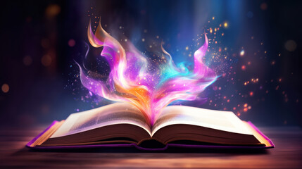 An open book on a wooden surface radiates a magical swirl of colorful lights, bringing fantasy to life.