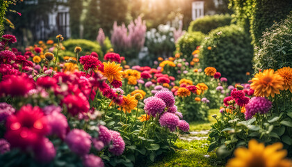 Nahaufnahme eines schönen Gartens voller bunter Blumen und Blüten an einem sonnigen Tag im...