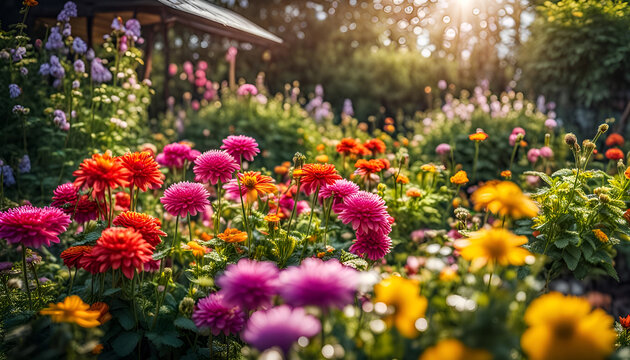 Nahaufnahme eines sch&ouml;nen Gartens voller bunter Blumen und Bl&uuml;ten an einem sonnigen Tag im Fr&uuml;hling oder Sommer nach einem Regen mit strahlendem Sonnenschein, G&auml;rtnern, Park, gestalten
